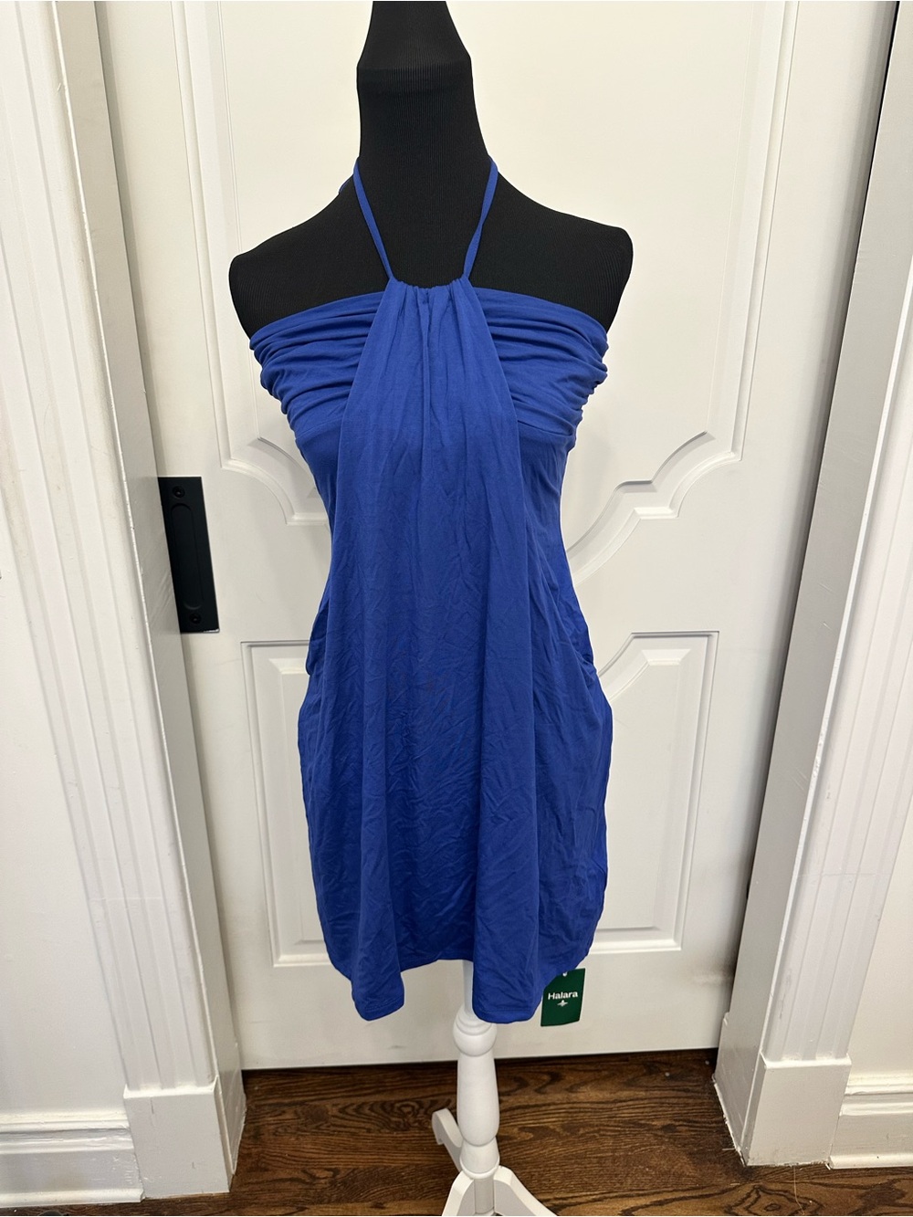 Halara Mini Dress Pockets Halter Tie Built in Bra Grecian Draped NEW